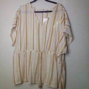 Cato Blouse Shirt 14 16 Women Short Sleeve Tassel Stripe Brown White